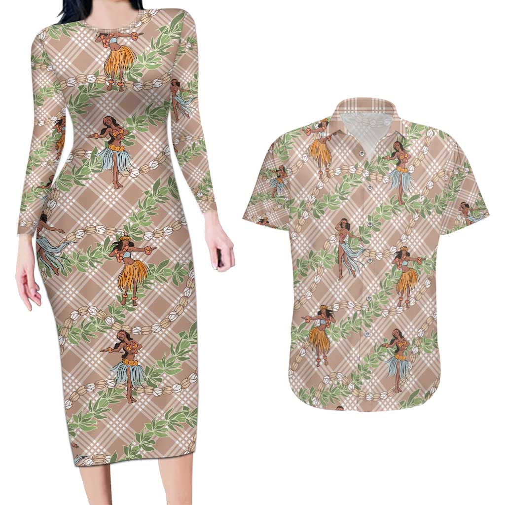 Beige Palaka Hula Girls Seamless Hawaii Aloha Couples Matching Long Sleeve Bodycon Dress and Hawaiian Shirt - Polynesian Pride