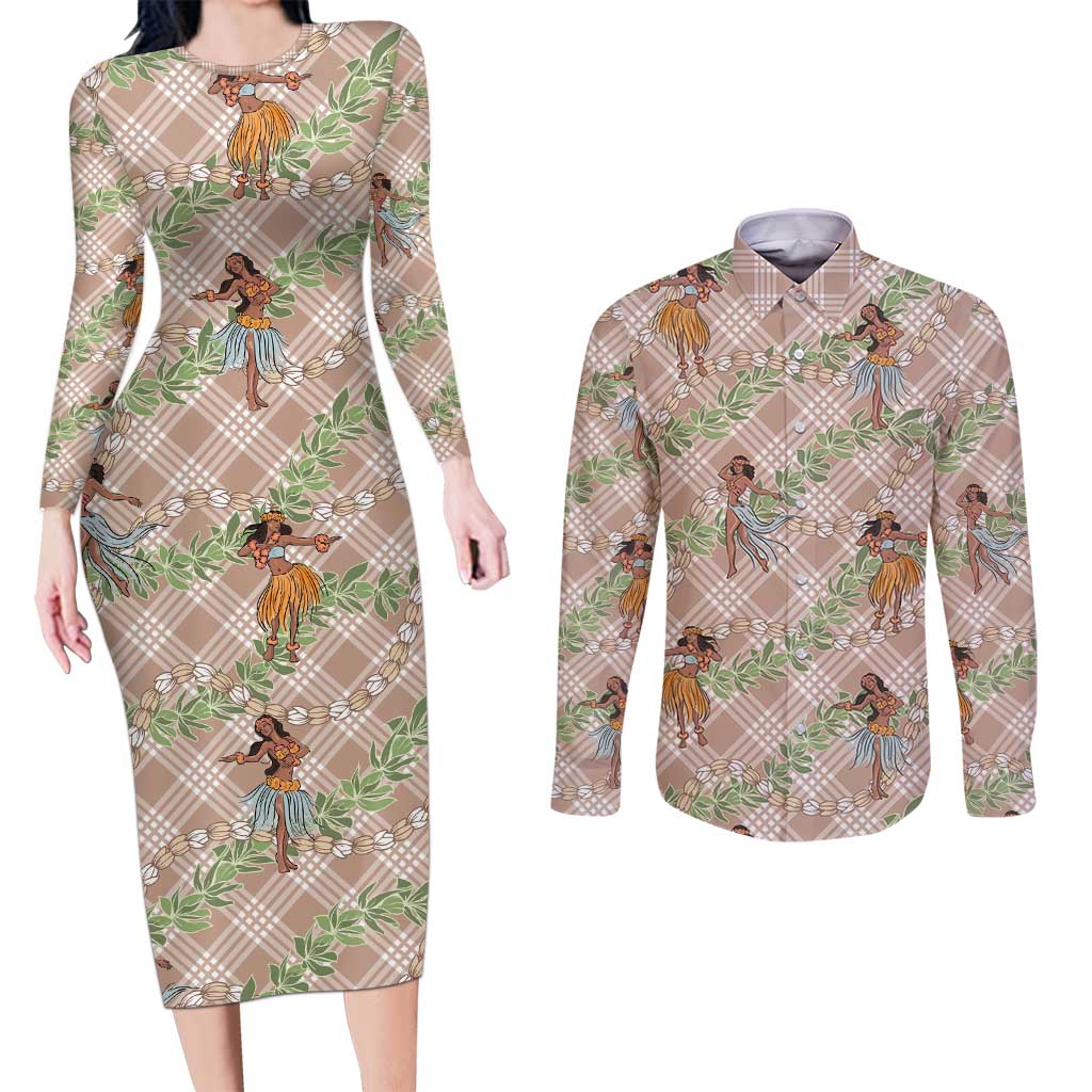 Beige Palaka Hula Girls Seamless Hawaii Aloha Couples Matching Long Sleeve Bodycon Dress and Long Sleeve Button Shirt LT7 Beige - Polynesian Pride