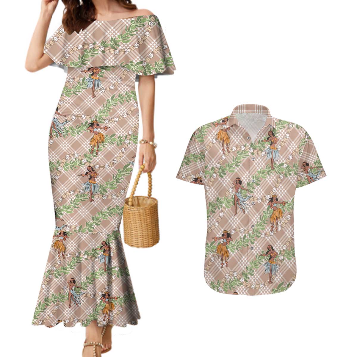 Beige Palaka Hula Girls Seamless Hawaii Aloha Couples Matching Mermaid Dress and Hawaiian Shirt LT7 Beige - Polynesian Pride