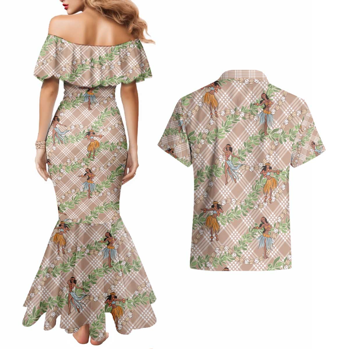 Beige Palaka Hula Girls Seamless Hawaii Aloha Couples Matching Mermaid Dress and Hawaiian Shirt - Polynesian Pride
