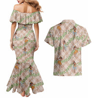 Beige Palaka Hula Girls Seamless Hawaii Aloha Couples Matching Mermaid Dress and Hawaiian Shirt - Polynesian Pride