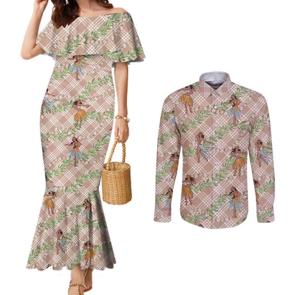Beige Palaka Hula Girls Seamless Hawaii Aloha Couples Matching Mermaid Dress and Long Sleeve Button Shirt LT7 Beige - Polynesian Pride