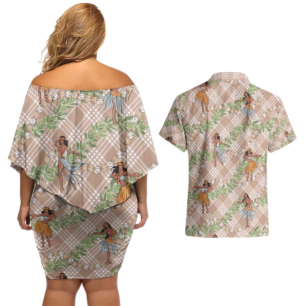 Beige Palaka Hula Girls Seamless Hawaii Aloha Couples Matching Off Shoulder Short Dress and Hawaiian Shirt - Polynesian Pride