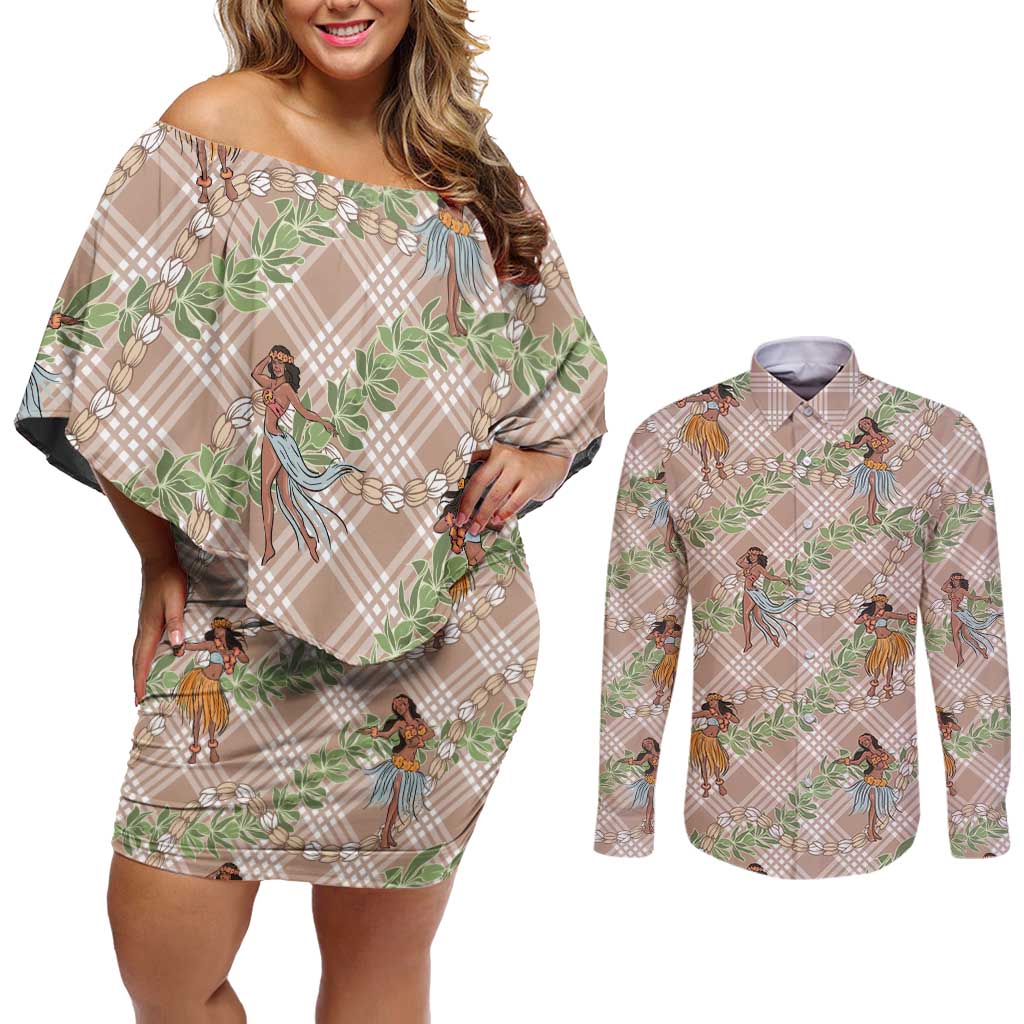 Beige Palaka Hula Girls Seamless Hawaii Aloha Couples Matching Off Shoulder Short Dress and Long Sleeve Button Shirt - Polynesian Pride