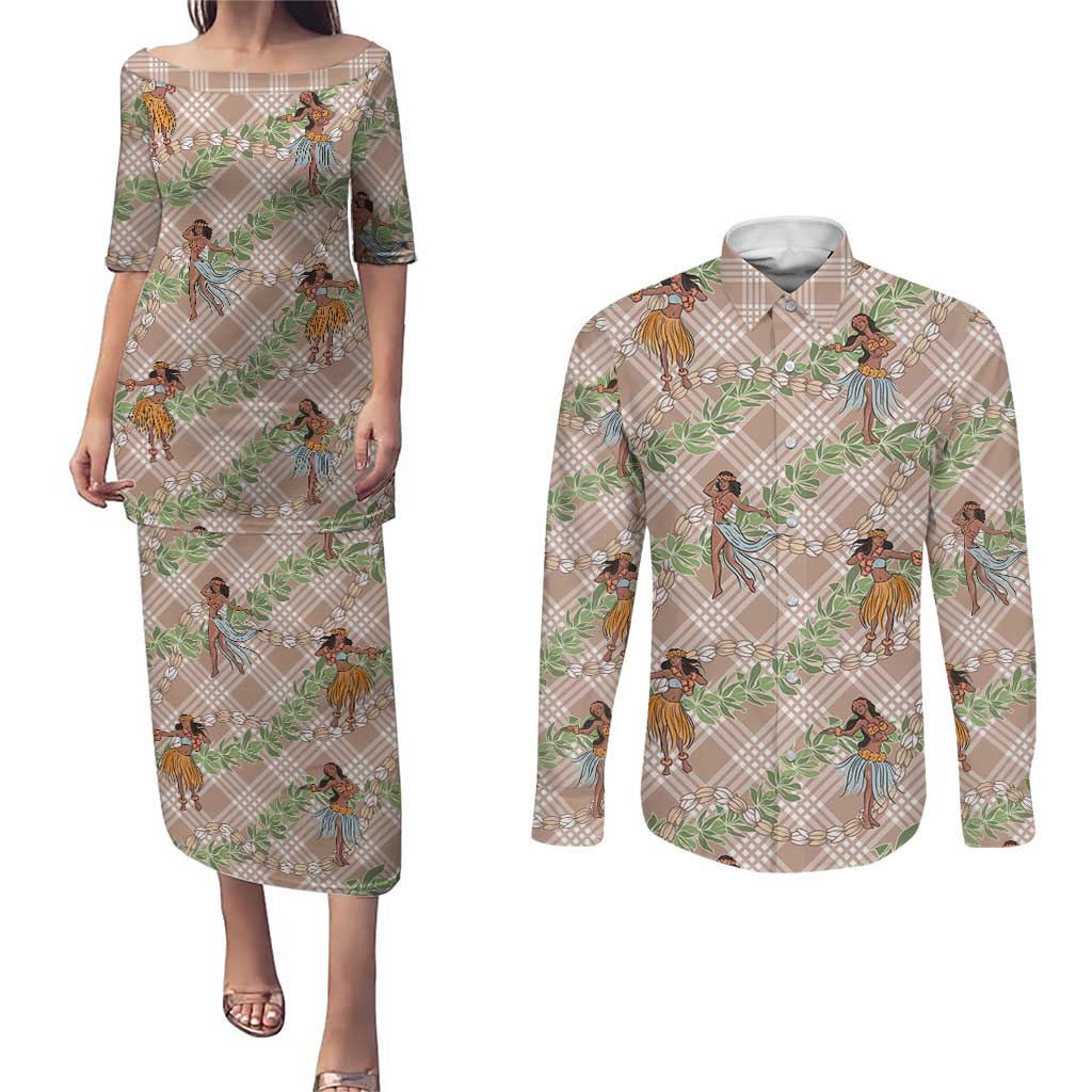 Beige Palaka Hula Girls Seamless Hawaii Aloha Couples Matching Puletasi and Long Sleeve Button Shirt LT7 Beige - Polynesian Pride