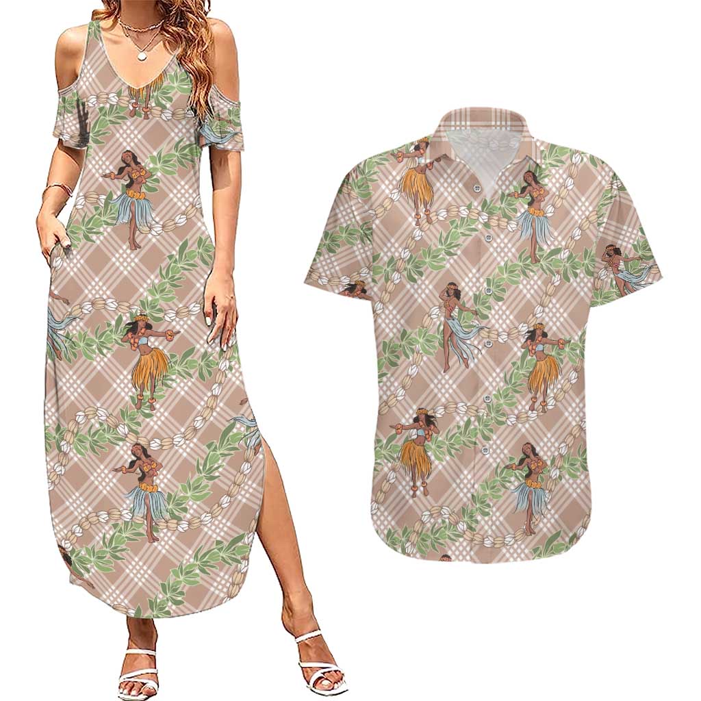 Beige Palaka Hula Girls Seamless Hawaii Aloha Couples Matching Summer Maxi Dress and Hawaiian Shirt LT7 Beige - Polynesian Pride