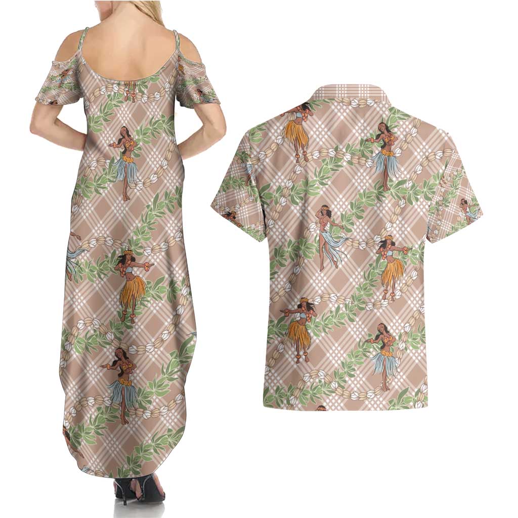 Beige Palaka Hula Girls Seamless Hawaii Aloha Couples Matching Summer Maxi Dress and Hawaiian Shirt - Polynesian Pride
