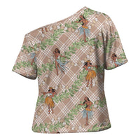 Beige Palaka Hula Girls Seamless Hawaii Aloha Cross Shoulder Shirt - Polynesian Pride