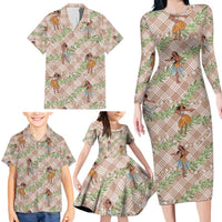 Beige Palaka Hula Girls Seamless Hawaii Aloha Family Matching Long Sleeve Bodycon Dress and Hawaiian Shirt - Polynesian Pride