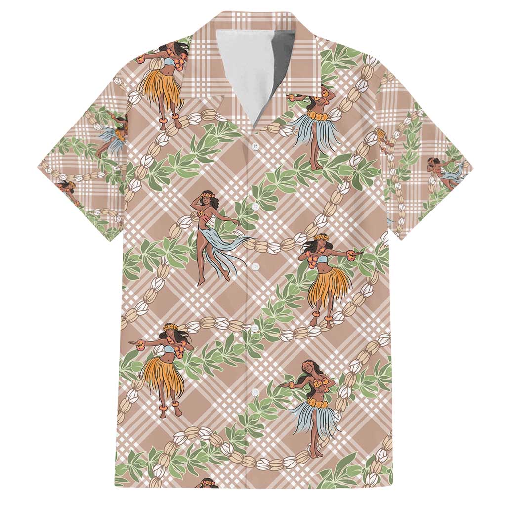 Beige Palaka Hula Girls Seamless Hawaii Aloha Family Matching Long Sleeve Bodycon Dress and Hawaiian Shirt - Polynesian Pride