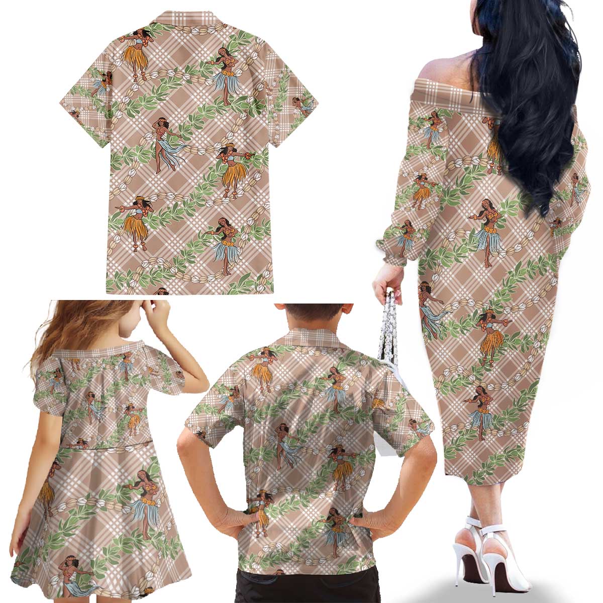 Beige Palaka Hula Girls Seamless Hawaii Aloha Family Matching Off The Shoulder Long Sleeve Dress and Hawaiian Shirt - Polynesian Pride