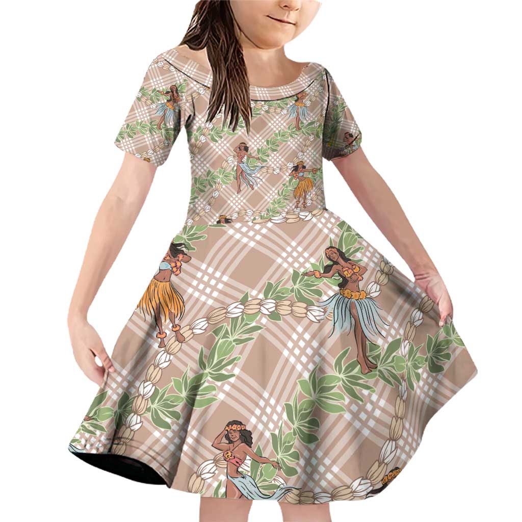 Beige Palaka Hula Girls Seamless Hawaii Aloha Family Matching Off Shoulder Short Dress and Hawaiian Shirt - Polynesian Pride