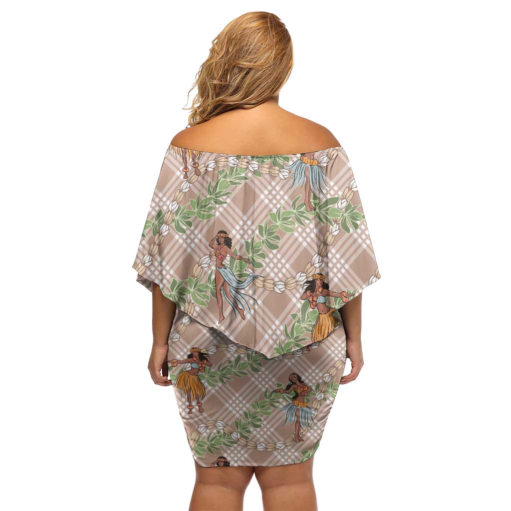 Beige Palaka Hula Girls Seamless Hawaii Aloha Family Matching Off Shoulder Short Dress and Hawaiian Shirt - Polynesian Pride