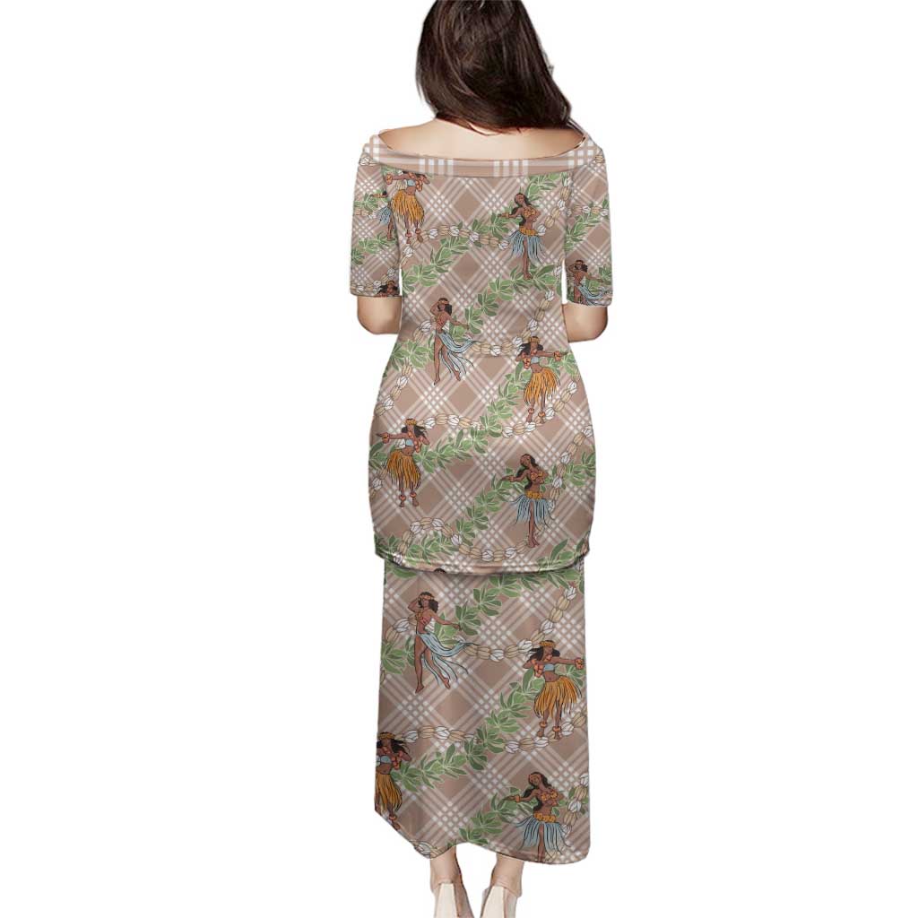 Beige Palaka Hula Girls Seamless Hawaii Aloha Family Matching Puletasi and Hawaiian Shirt - Polynesian Pride