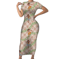 Beige Palaka Hula Girls Seamless Hawaii Aloha Family Matching Short Sleeve Bodycon Dress and Hawaiian Shirt - Polynesian Pride