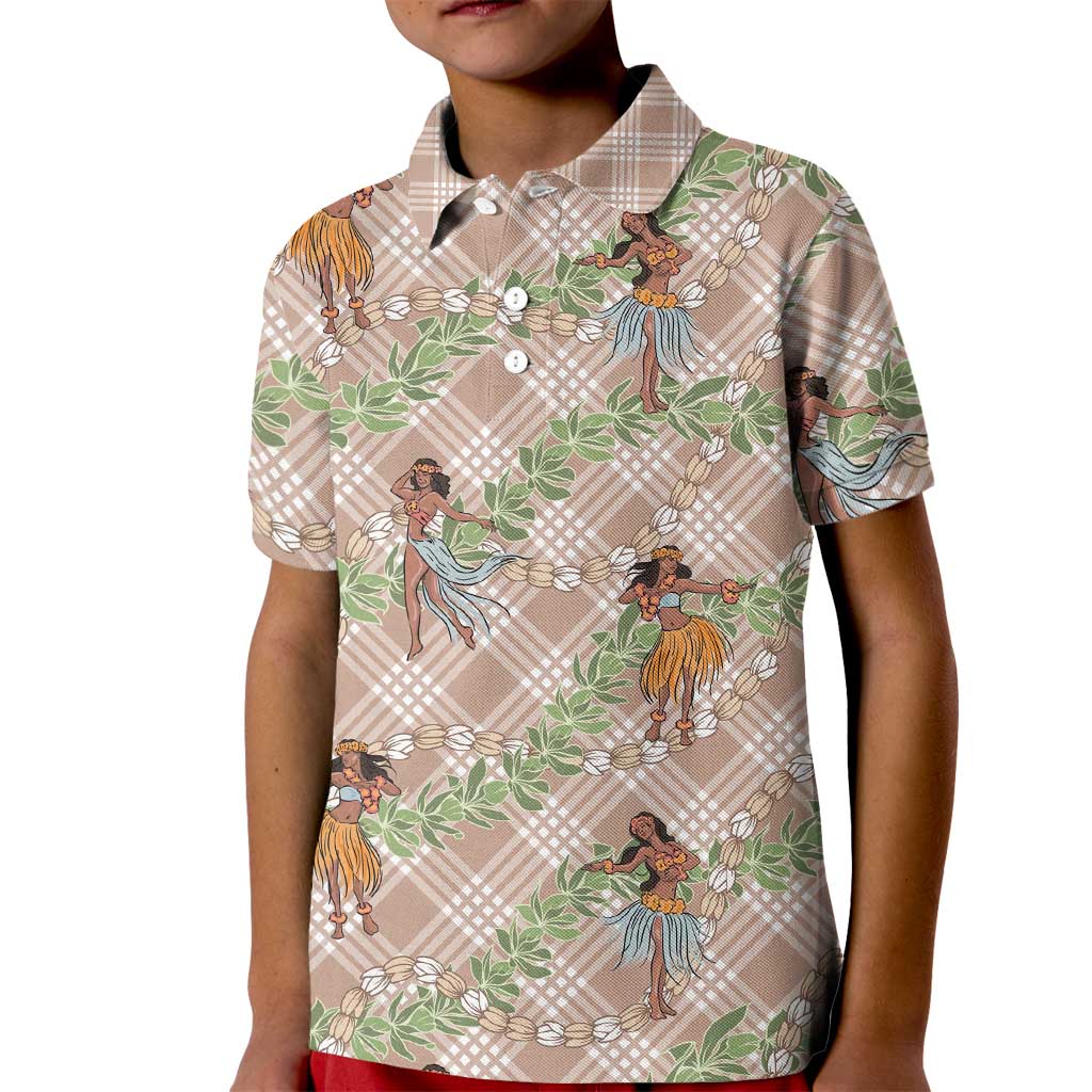 Beige Palaka Hula Girls Seamless Hawaii Aloha Kid Polo Shirt LT7 Kid Beige - Polynesian Pride
