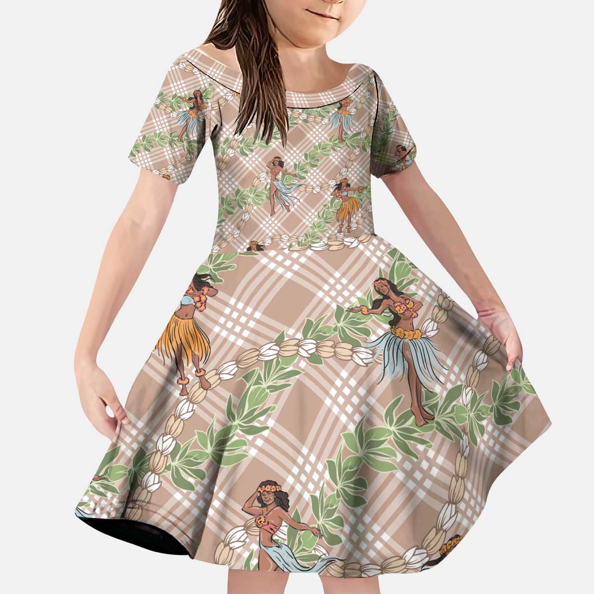 Beige Palaka Hula Girls Seamless Hawaii Aloha Kid Short Sleeve Dress - Polynesian Pride