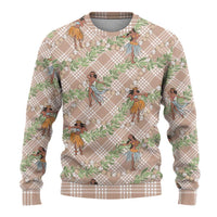 Beige Palaka Hula Girls Seamless Hawaii Aloha Ugly Christmas Sweater - Polynesian Pride