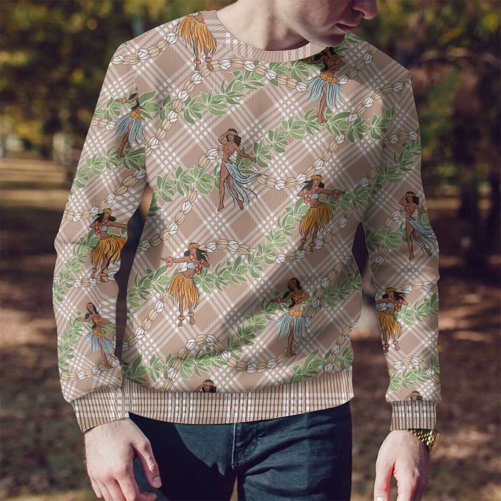 Beige Palaka Hula Girls Seamless Hawaii Aloha Ugly Christmas Sweater - Polynesian Pride