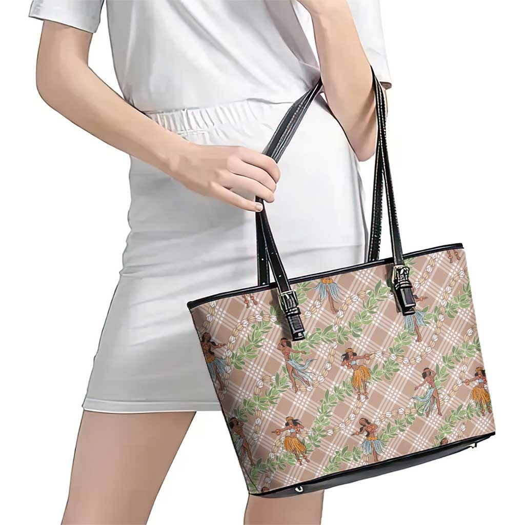 Beige Palaka Hula Girls Seamless Hawaii Aloha Leather Tote Bag - Polynesian Pride