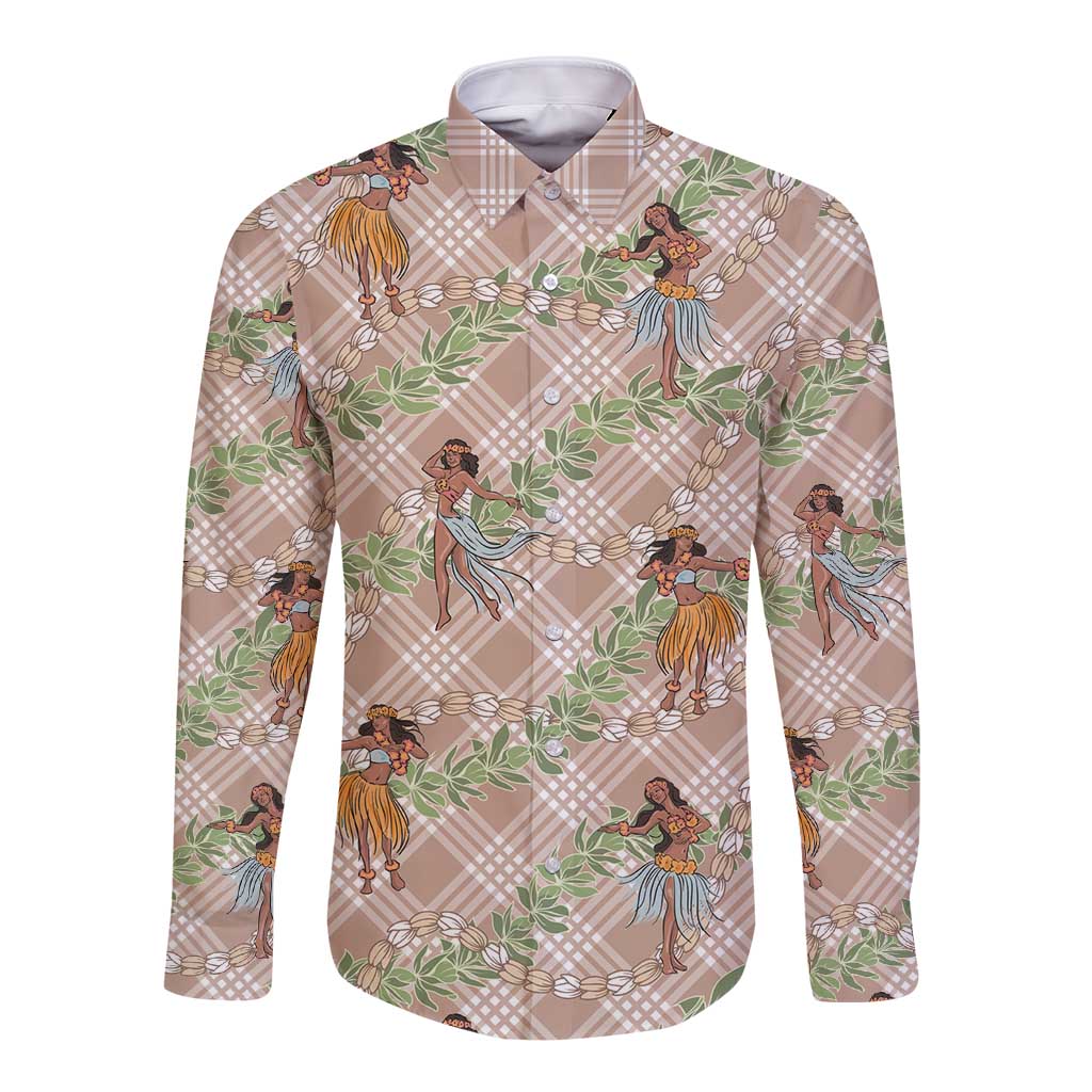 Beige Palaka Hula Girls Seamless Hawaii Aloha Long Sleeve Button Shirt LT7 Unisex Beige - Polynesian Pride