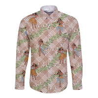 Beige Palaka Hula Girls Seamless Hawaii Aloha Long Sleeve Button Shirt - Polynesian Pride
