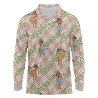 Beige Palaka Hula Girls Seamless Hawaii Aloha Long Sleeve Polo Shirt - Polynesian Pride