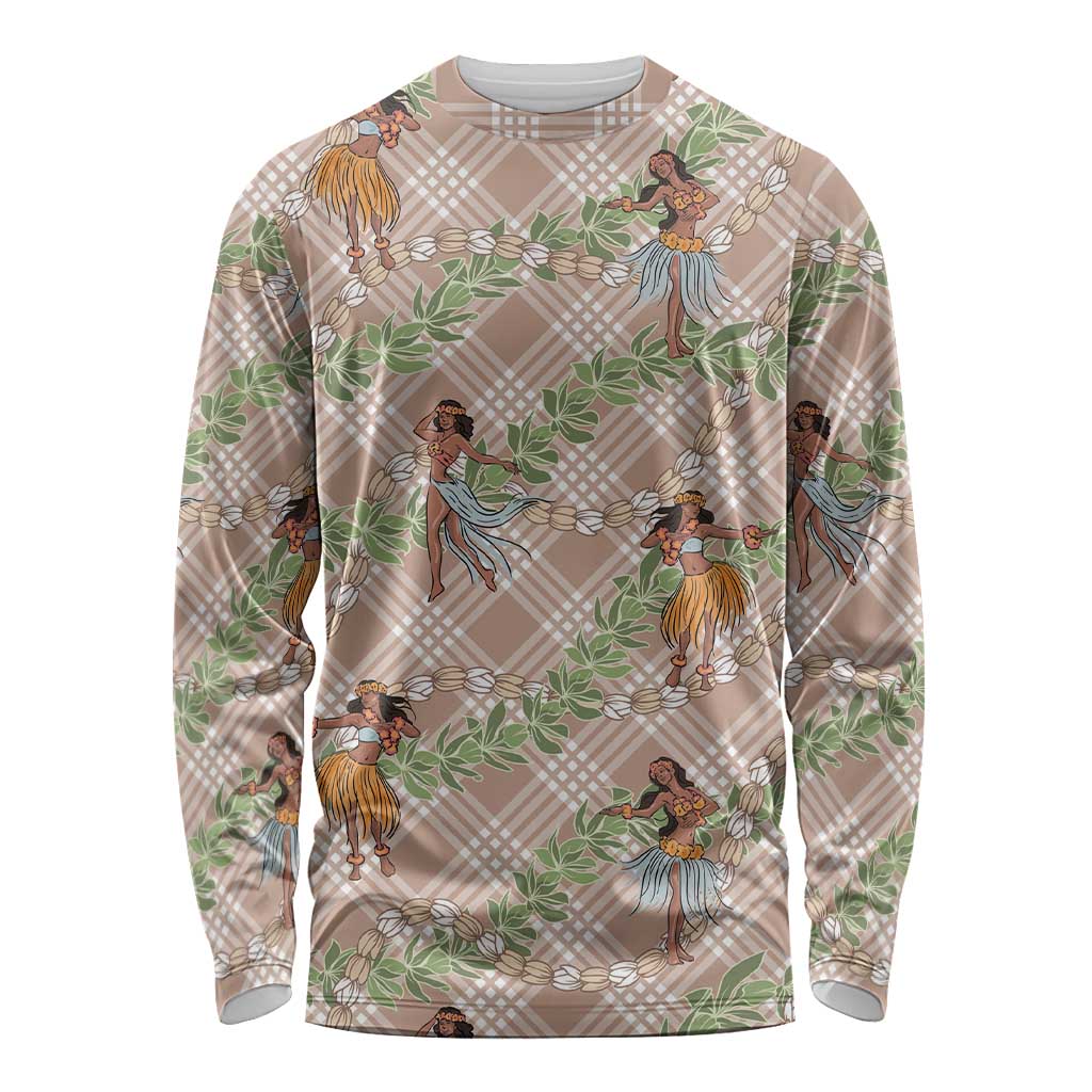Beige Palaka Hula Girls Seamless Hawaii Aloha Long Sleeve Shirt LT7 Unisex Beige - Polynesian Pride