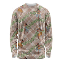Beige Palaka Hula Girls Seamless Hawaii Aloha Long Sleeve Shirt LT7 Unisex Beige - Polynesian Pride