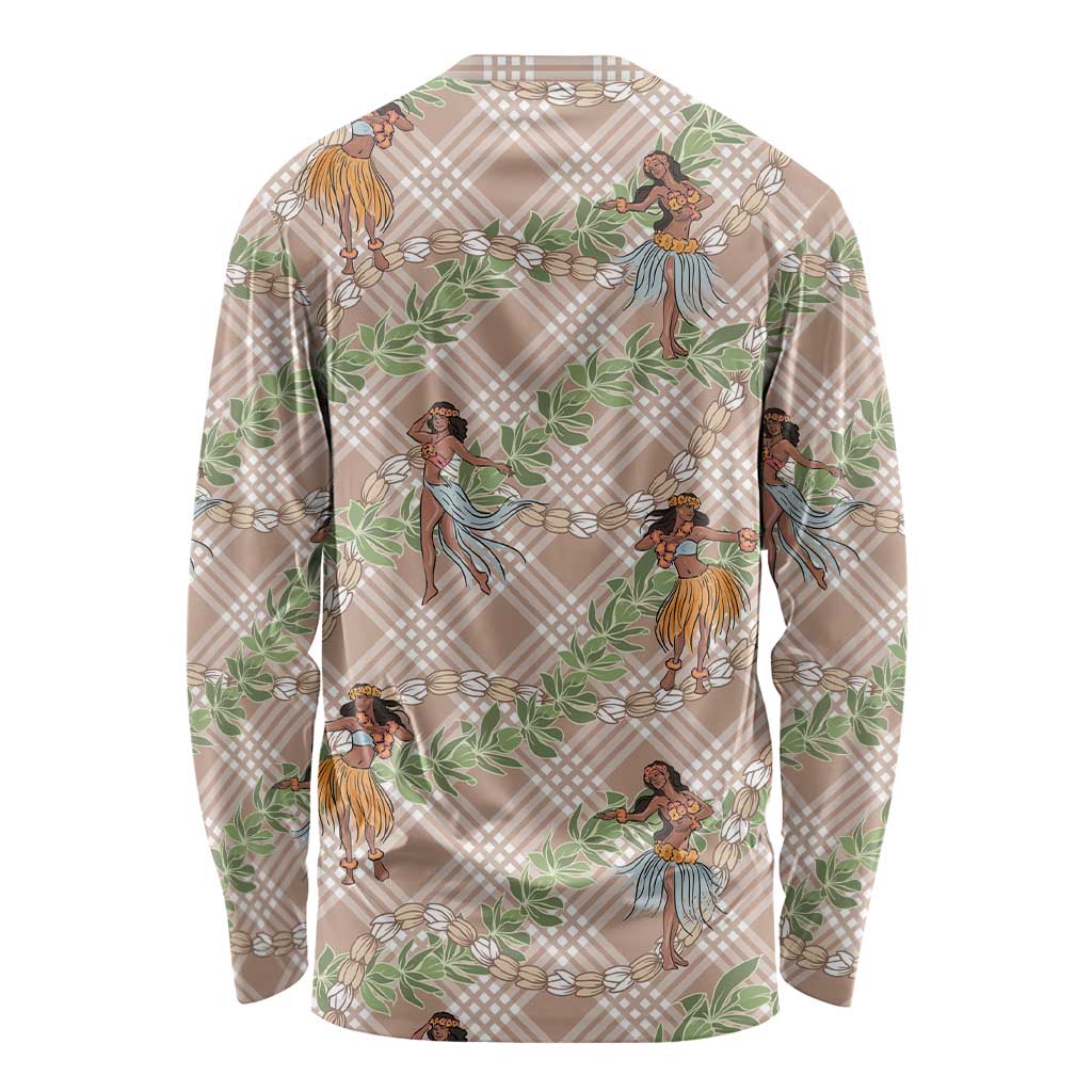 Beige Palaka Hula Girls Seamless Hawaii Aloha Long Sleeve Shirt LT7 - Polynesian Pride