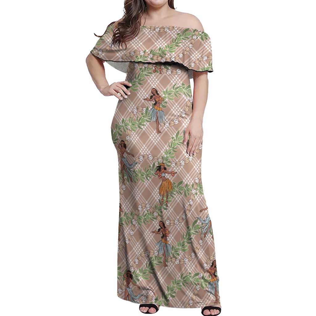 Beige Palaka Hula Girls Seamless Hawaii Aloha Off Shoulder Maxi Dress - Polynesian Pride