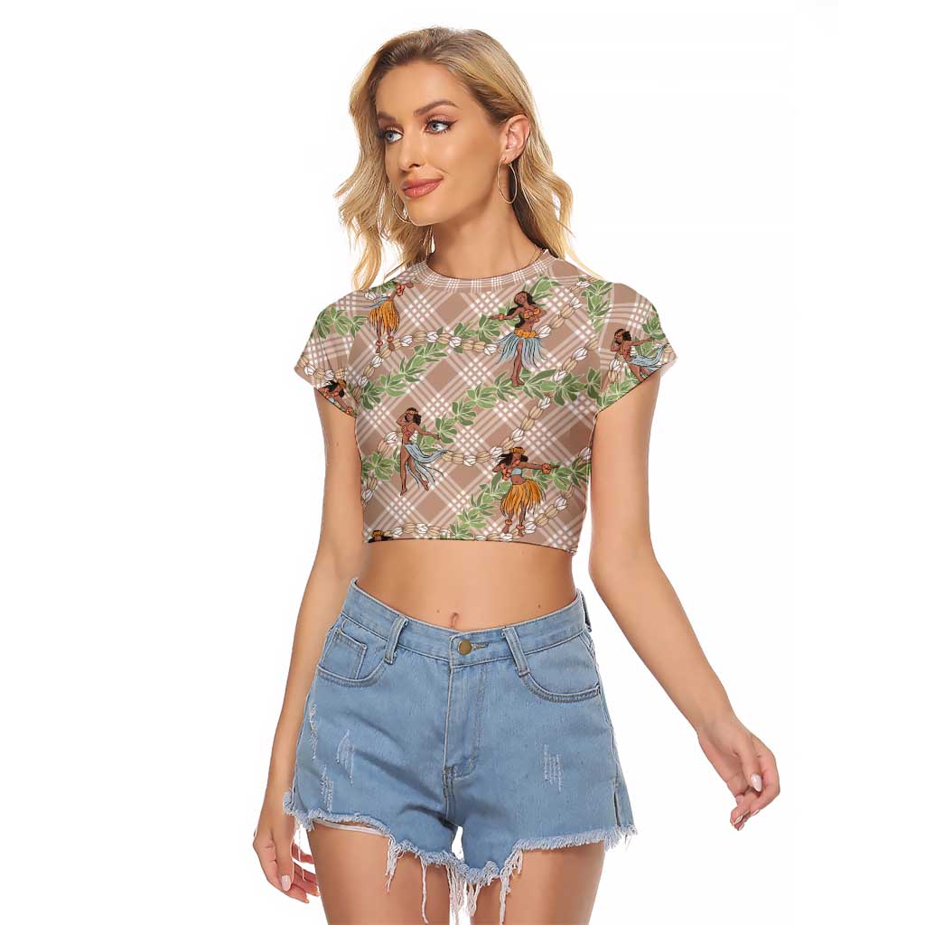 Beige Palaka Hula Girls Seamless Hawaii Aloha Raglan Cropped T Shirt LT7 Female Beige - Polynesian Pride