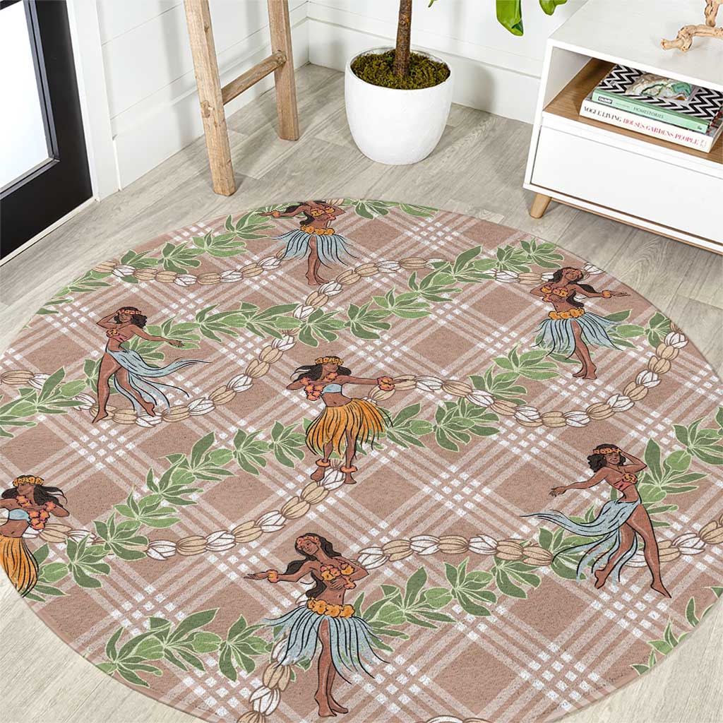 Beige Palaka Hula Girls Seamless Hawaii Aloha Round Carpet - Polynesian Pride