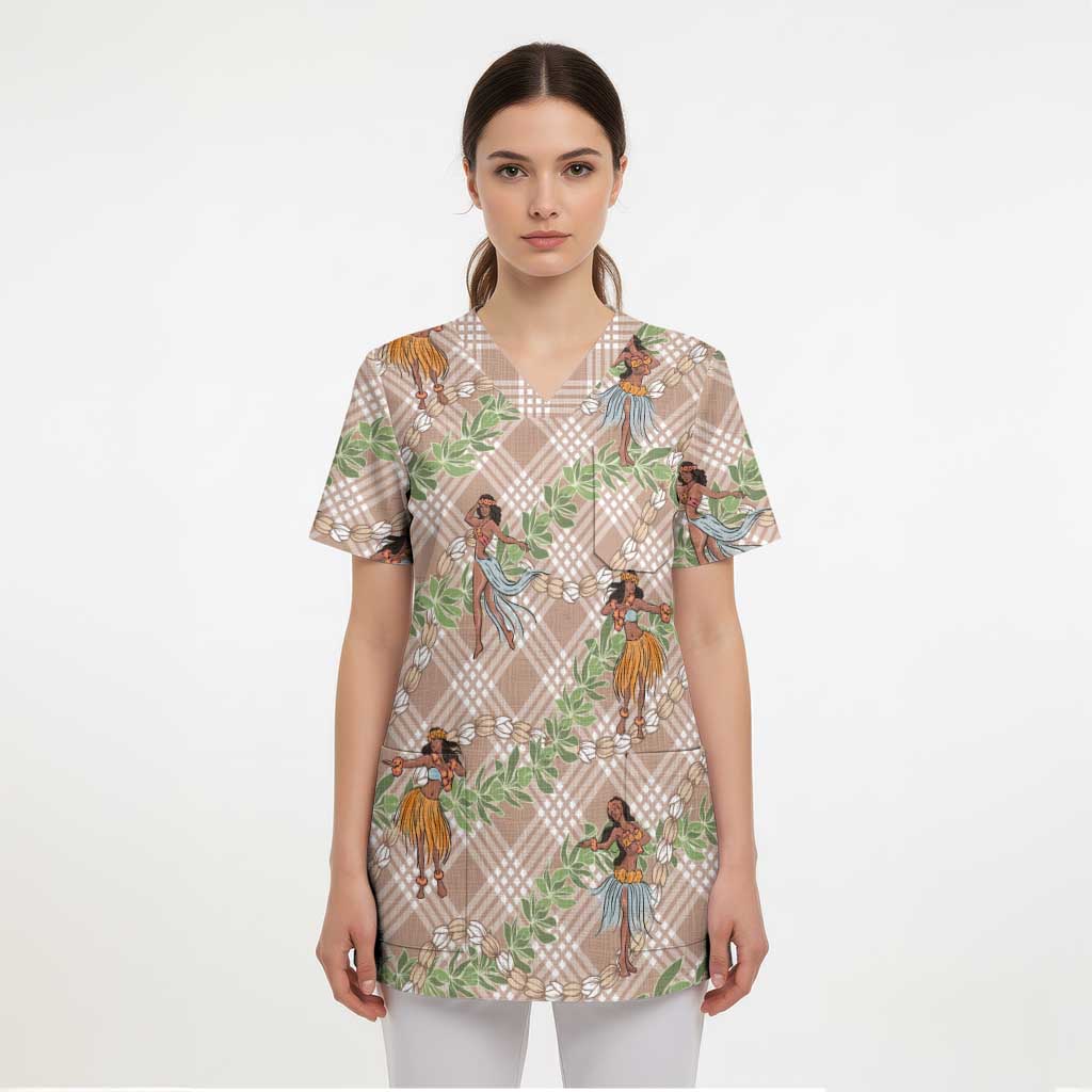 Beige Palaka Hula Girls Seamless Hawaii Aloha Scrub Top - Polynesian Pride