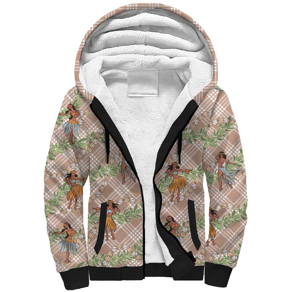 Beige Palaka Hula Girls Seamless Hawaii Aloha Sherpa Hoodie LT7 Unisex Beige - Polynesian Pride