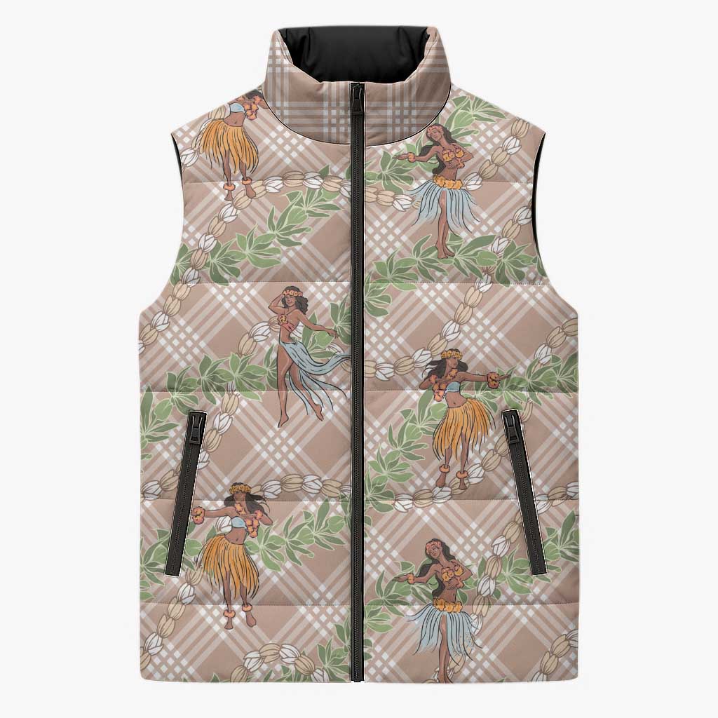 Beige Palaka Hula Girls Seamless Hawaii Aloha Sleeveless Puffer Jacket - Polynesian Pride