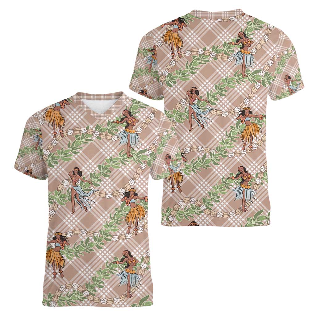 Beige Palaka Hula Girls Seamless Hawaii Aloha Women V-Neck T-Shirt - Polynesian Pride