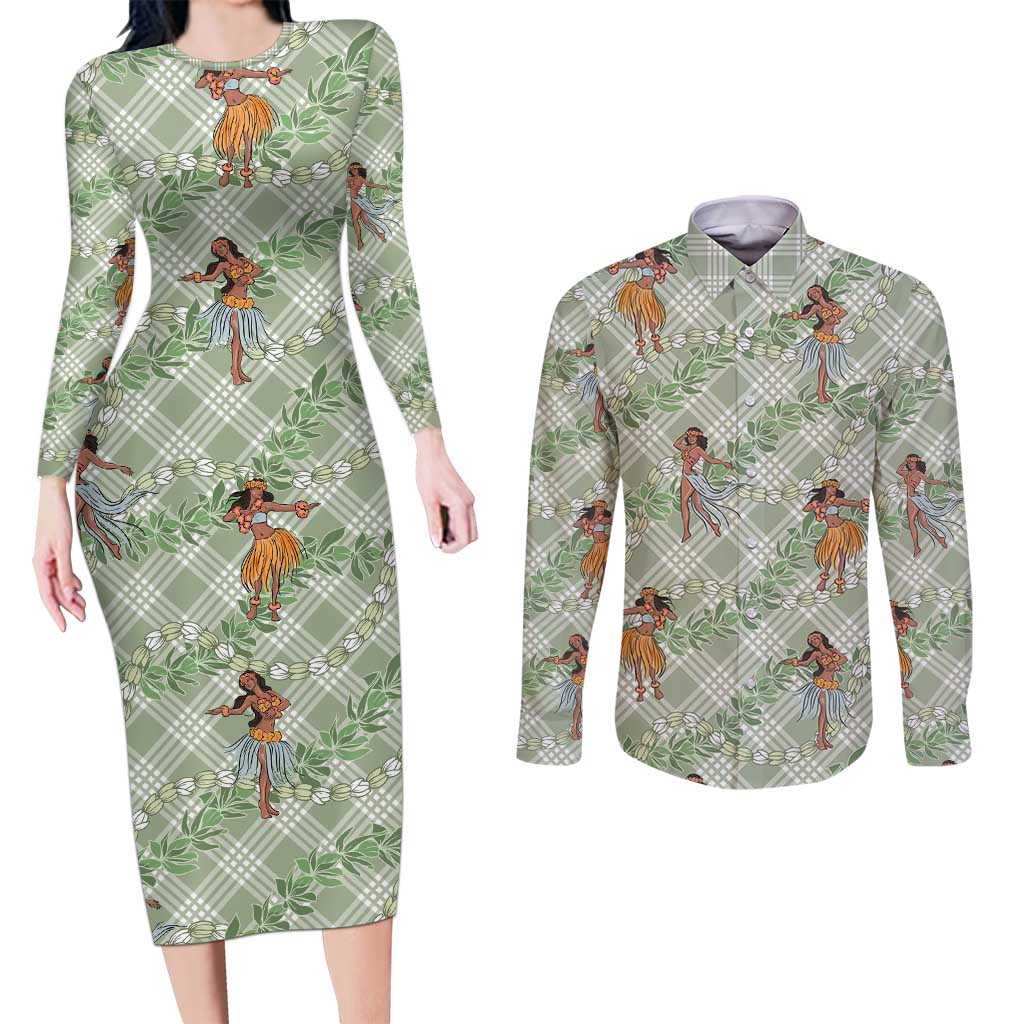Personalized Hawaii Maui Couples Matching Short Sleeve Bodycon Dress and Long Sleeve Button Shirts Polynesian Fish Hook Hibiscus Gold Version LT05