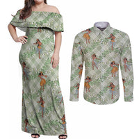 Mint Palaka Hula Girls Seamless Hawaii Aloha Couples Matching Off Shoulder Maxi Dress and Long Sleeve Button Shirt - Polynesian Pride