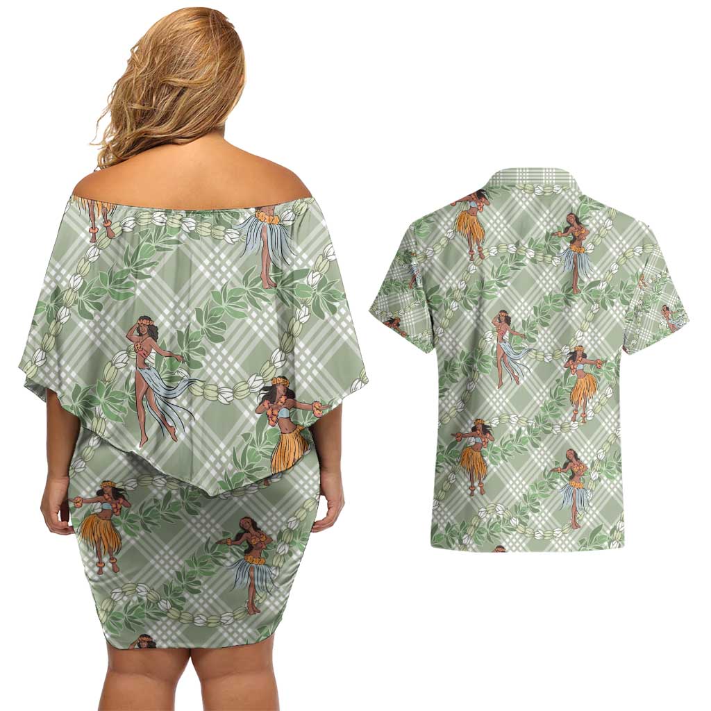 Mint Palaka Hula Girls Seamless Hawaii Aloha Couples Matching Off Shoulder Short Dress and Hawaiian Shirt - Polynesian Pride
