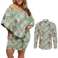 Mint Palaka Hula Girls Seamless Hawaii Aloha Couples Matching Off Shoulder Short Dress and Long Sleeve Button Shirt - Polynesian Pride