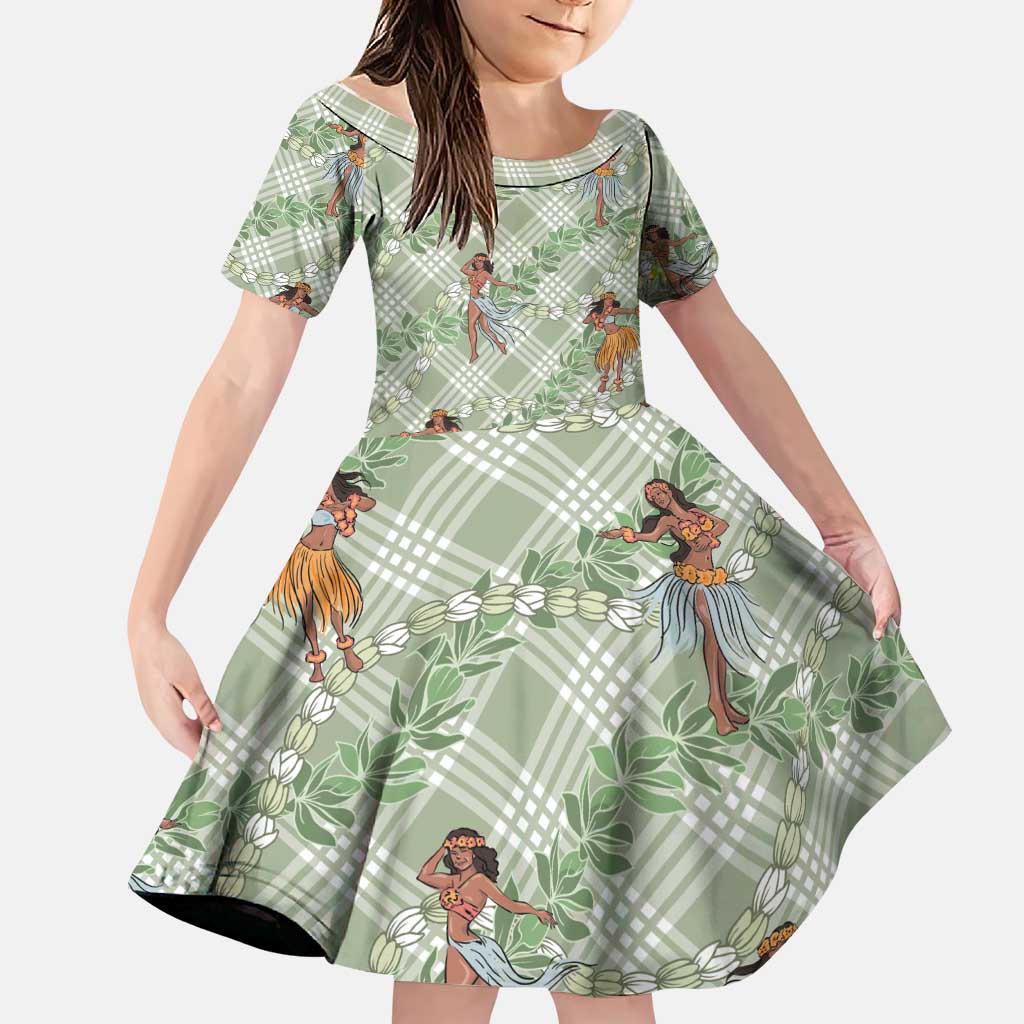 Mint Palaka Hula Girls Seamless Hawaii Aloha Family Matching Long Sleeve Bodycon Dress and Hawaiian Shirt LT7 Daughter's Dress Mint - Polynesian Pride