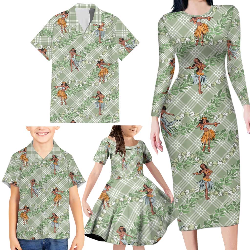 Mint Palaka Hula Girls Seamless Hawaii Aloha Family Matching Long Sleeve Bodycon Dress and Hawaiian Shirt LT7 - Polynesian Pride