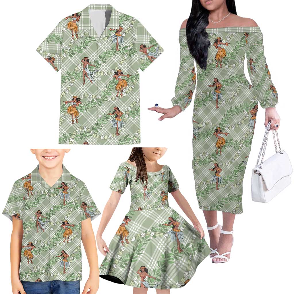 Mint Palaka Hula Girls Seamless Hawaii Aloha Family Matching Off The Shoulder Long Sleeve Dress and Hawaiian Shirt - Polynesian Pride