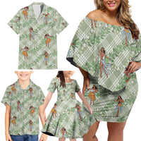 Mint Palaka Hula Girls Seamless Hawaii Aloha Family Matching Off Shoulder Short Dress and Hawaiian Shirt - Polynesian Pride
