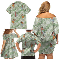 Mint Palaka Hula Girls Seamless Hawaii Aloha Family Matching Off Shoulder Short Dress and Hawaiian Shirt - Polynesian Pride