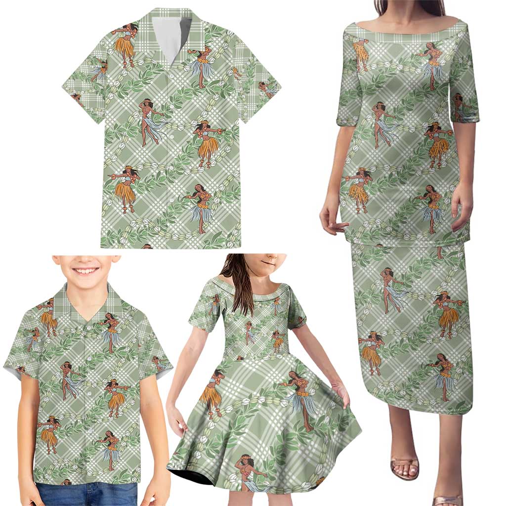 Mint Palaka Hula Girls Seamless Hawaii Aloha Family Matching Puletasi and Hawaiian Shirt - Polynesian Pride