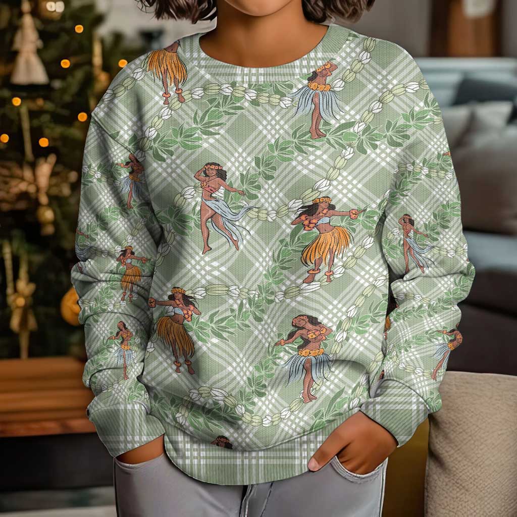 Mint Palaka Hula Girls Seamless Hawaii Aloha Kid Ugly Christmas Sweater - Polynesian Pride