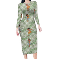Mint Palaka Hula Girls Seamless Hawaii Aloha Long Sleeve Bodycon Dress - Polynesian Pride
