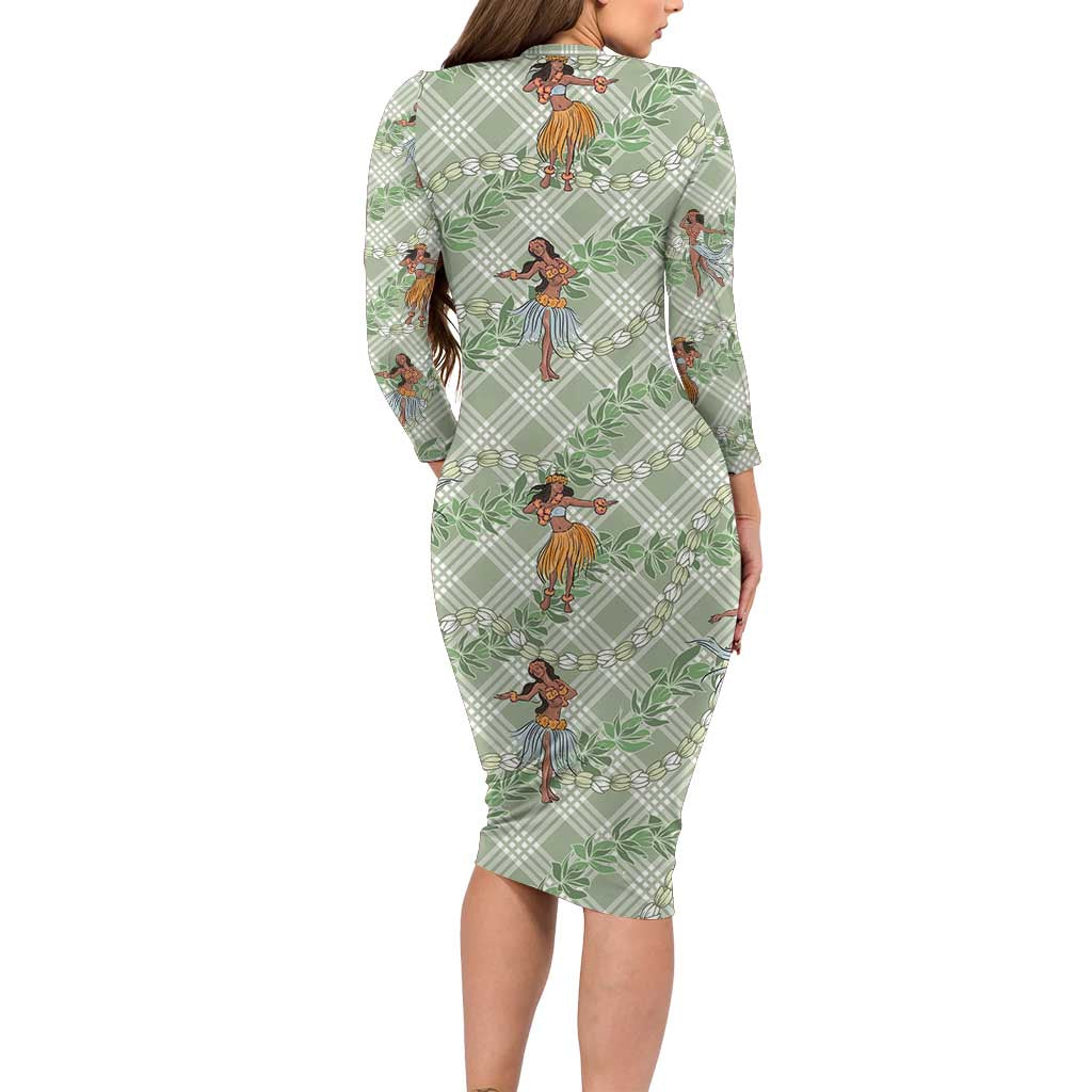 Mint Palaka Hula Girls Seamless Hawaii Aloha Long Sleeve Bodycon Dress